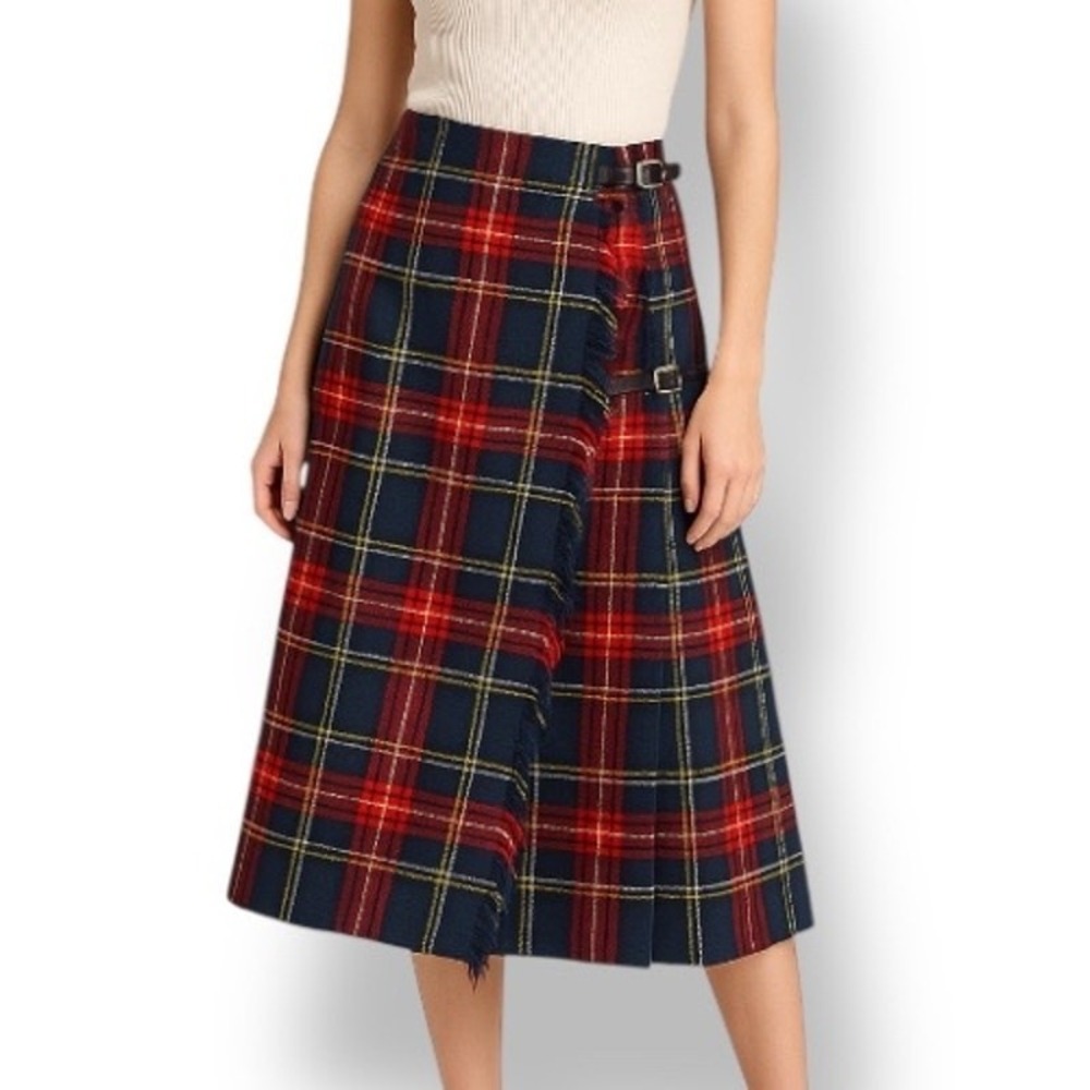 Vintage Herman Geist Red Navy Wool Plaid Tartan Wrap Midi Skirt Preppy Old Money